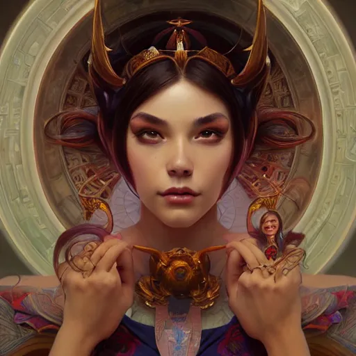 Image similar to perfectly - centered portrait of demon goddess, beautiful, gorgeous, cute, amazing, highly detailed, professional digital painting, unreal engine 5, photorealism, hd quality, 8 k resolution, cinema 4 d, 3 d, cinematic, art by artgerm and greg rutkowski and alphonse mucha and loish and wlop