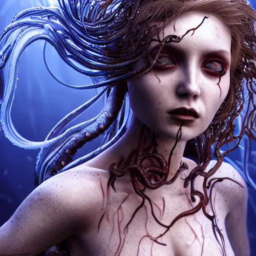 Prompt: beautiful, terrifying, demonic, full body female, with the body of a goddess, a beautiful porcelain face, with parasitic tentacles crawling up her, in a underwater horror scene, photo realistic, dramatic cinematic lighting, octane render, 4k, ultra detailed,