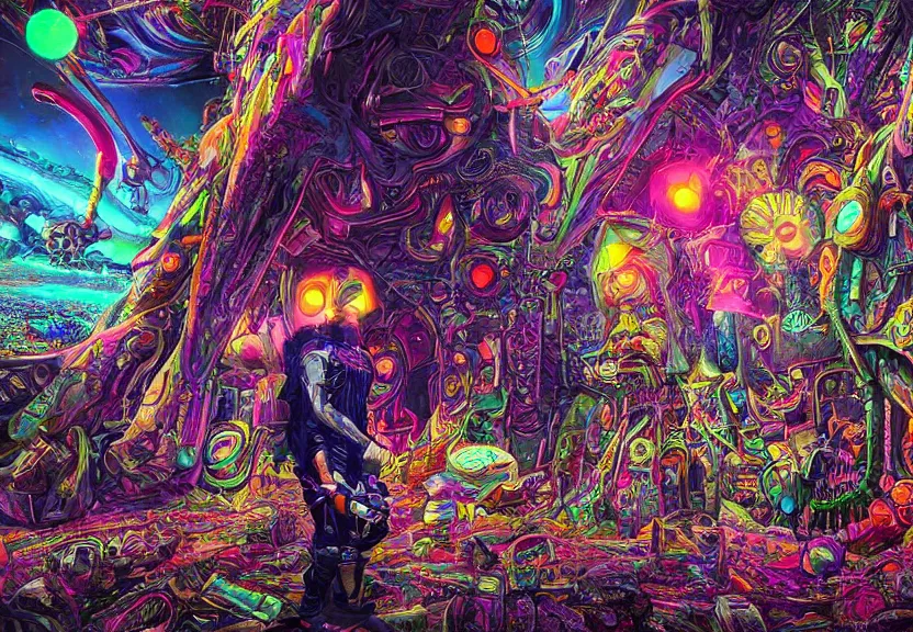 Prompt: cinematic complex hyperdetailed maximalist illustration of a dmt trip in a retrofuturist scifi city combined with a complex psychedelic portrait by legendary artists salviadroid feat android jones lsd trip illustration. Mind high on acid