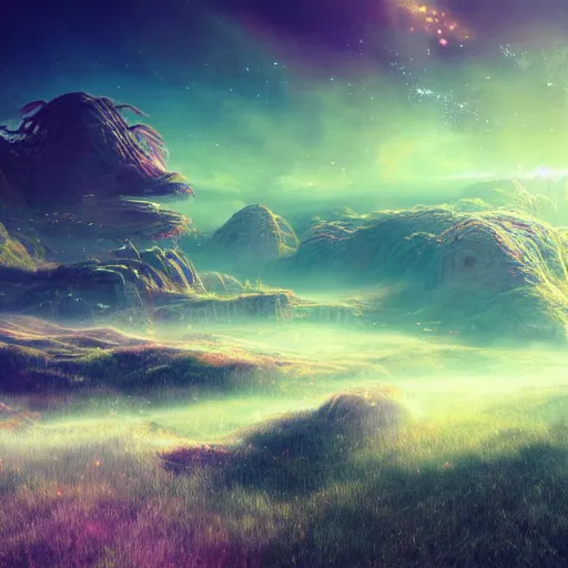 Image similar to A fantasy vaperwave landscape on an alien planet