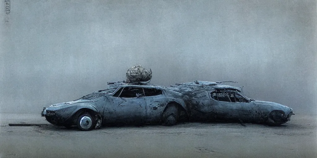 Prompt: car in full speed in a empty street, mad max kieth thomsen, zdzislaw beksinski