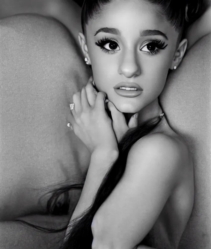 Image similar to award winning photo of Ariana Grande on a chesterfield lounge, symmetrical face, beautiful eyes, studio lighting, wide shot art by Sally Mann & Arnold Newman