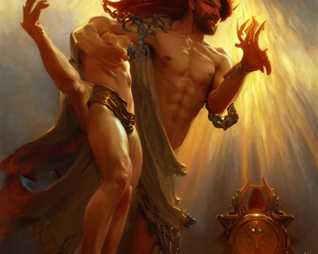 Image similar to attractive male deity, casting demonic magic, summoning handsome lucifer morning star. highly detailed painting by gaston bussiere, craig mullins, j. c. leyendecker 8 k