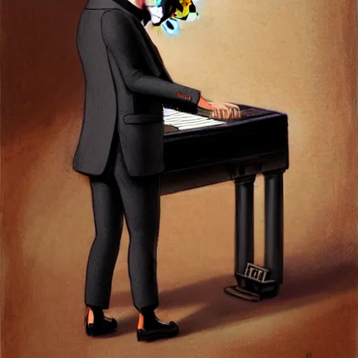 Image similar to a shiba inu man mutant playing a piano,wearing a tuxedo suit,digital art,ultra realistic,ultra detailed,art by greg rutkowski,hyperdetailed,detailed face,professional lighting,dramatic,3 point lighting