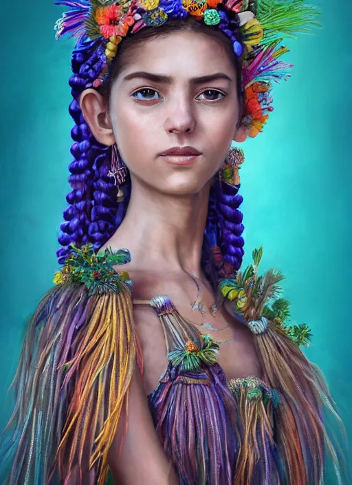 Image similar to beautiful portrait of a mediterranean female wearing fantastic Hand-dyed cotton dress, embellished beaded feather decorative fringe knots ,colorful pigtail,subtropical flowers and plants,symmetrical face,intricate,minority,elegant, highly detailed, 8k,post-processing,digital painting, trending on artstation, concept art, sharp focus, illustration, by artgerm,Tom Bagshaw,Daniel Gerhartz,Albert Aublet,Lawrence Alma-Tadema