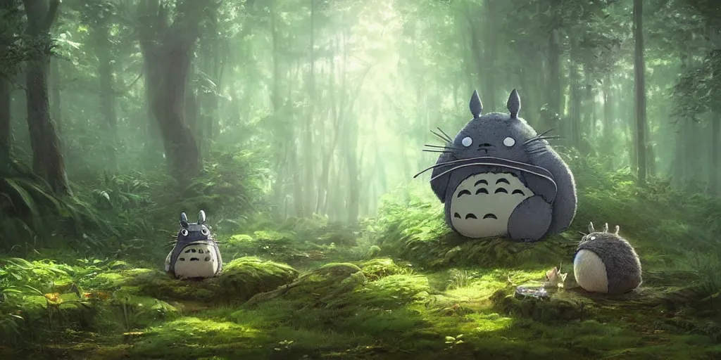 Prompt: Totoro sitting in a forest, fantasy, pixar, high detail, god rays, painting by greg rutkowski, deviantart, trending on artstation, artstationHD, artstationHQ