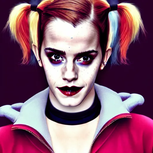 Prompt: Portrait of Emma Watson as Harley Quinn, by Martin Schoeller