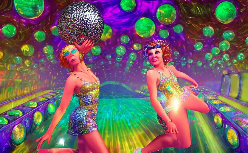 Prompt: Ultradetailed, hyperrealistic, a vintage roller skating diva wearing a disco ball skirt mirror tanktop with a disco ball head in a psychedelic cosmic roller rink in the clouds, by Vladimir kush, by josib csoor, by Laurie Lipton, rendered in octane, volumetric lighting, retro color scheme, trending on artstation -20