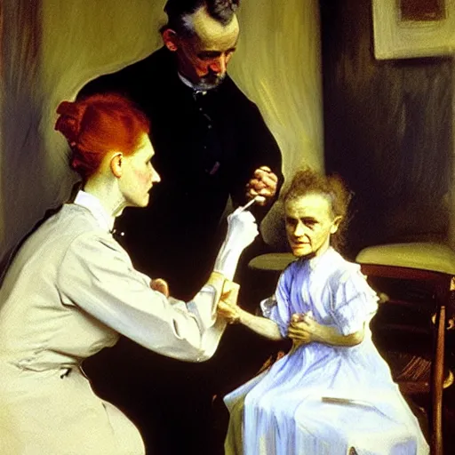 Prompt: marie curie getting vaccinated, painting by john singer sargent, oil on canvas