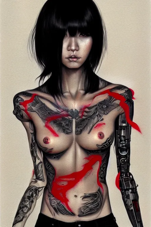 Prompt: gorgeous!! hyper - realistic demon girl with tan skin, short black hair, long bangs, red eyes, tattoos, cybernetic implants | wearing modern streetwear, techwear | intricate, digital painting, illustration, photorealistic, grunge, ultra graphics | drawn by wlop, drawn by jeehyung lee, drawn by argerm