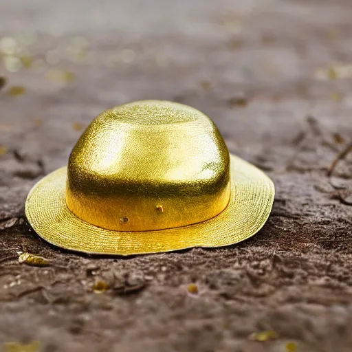 Prompt: photograph of a golden hat shaped like a frog