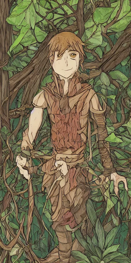 Image similar to an wood elf boy on the mountain side, anime style, tarot card, Tarot card the fool, fine line work, psychedelic, full color, earth tones