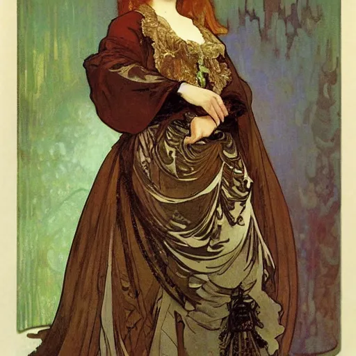 Image similar to young victorian lady in ball gown, painted by alphonse mucha