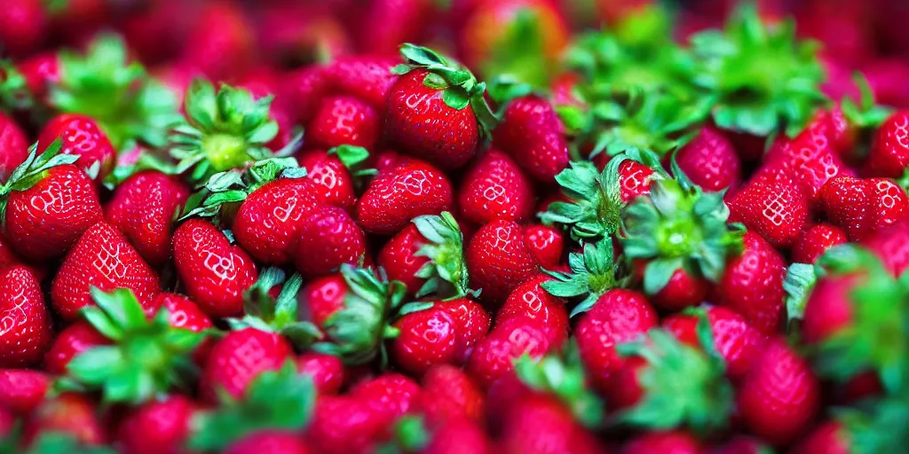 Image similar to a product picture of hundreds of strawberries, photographic filter, unreal engine 5, realistic, hyperdetailed, 8 k, cinematic, volumetric lighting, very realistic effect, hd, hdr, 4 k, sharp focus, octane render, ultra detailed, high resolution, trending on artstation in the style of albert dros glowing rich colors powerful imagery