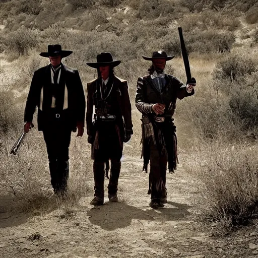Prompt: screenshot of the lone ranger walking ont a tv film set with a film crew, behind the scenes, 2 4 mm lens, directed by wince mcstevens, tense scene, moody dramatic light