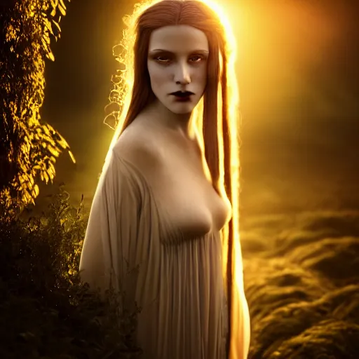 Prompt: photographic portrait of a stunningly beautiful gothic art nouveau female in soft dreamy light at sunset, god rays, contemporary fashion shoot, by edward robert hughes, annie leibovitz and steve mccurry, david lazar, jimmy nelsson, breathtaking, 8 k resolution, extremely detailed, beautiful, establishing shot, artistic, hyperrealistic, beautiful face, octane render