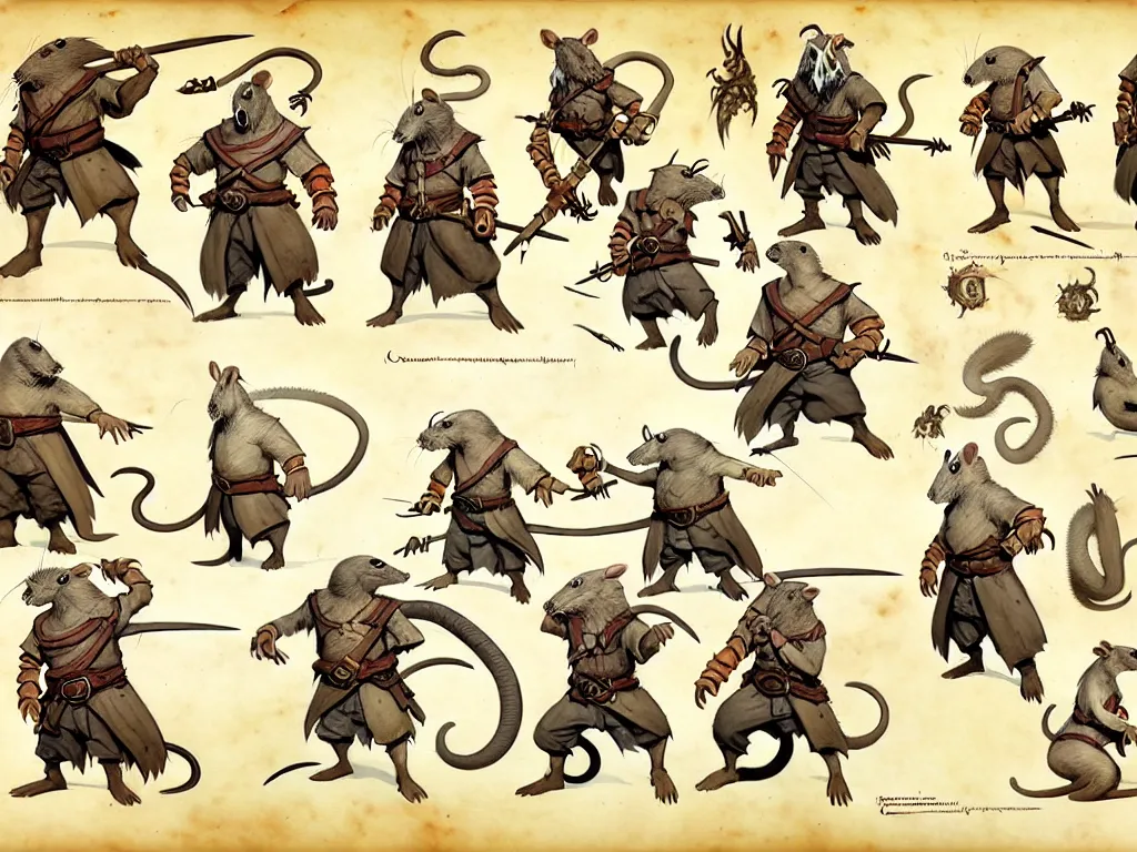 Image similar to character design sheet for a group of heroic rat pirates on a parchment background, redwall, greg rutowski and jean baptiste monge, very very detailed, epic fantasy concept art