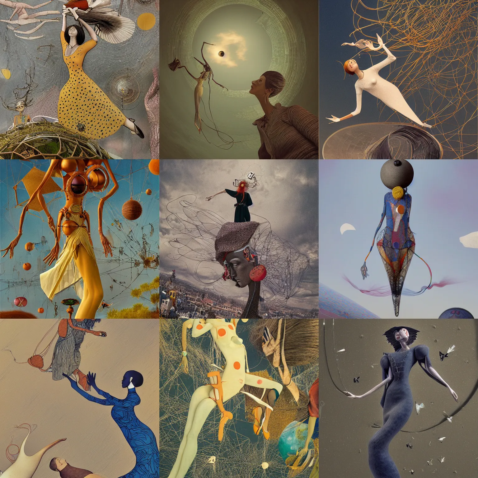 Prompt: beautiful woman hovering straight up in the air, surrealist, dada, by mattias adolfsson, by max ernst, by leonora carrington, by james jean, octane renderer, 8 k