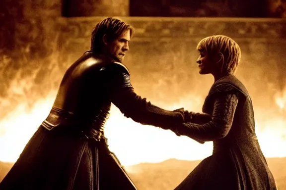 Image similar to very very intricate photorealistic photo of jaime lannister defeating cersei, photo is in focus with detailed atmospheric lighting, award - winning details