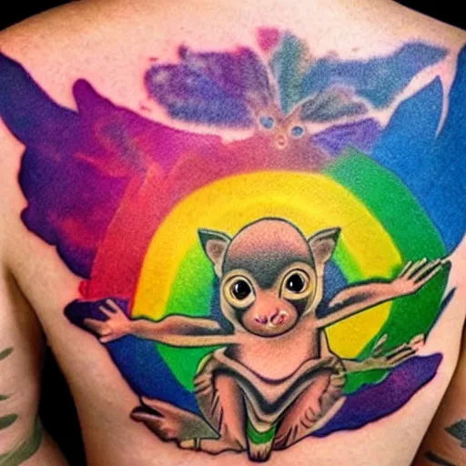 Image similar to shoulder tattoo of a multicolored hallucinogenis meditating cute bush baby, eyes are glowing rainbow spirals, long fur, happy mood, surrounded with colorful magic mushrooms and rainbow marihuana leaves, insanely integrate