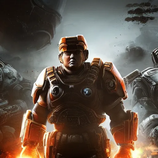 Image similar to Donald Trump as Masterchief in gears of war, splash art, movie still, detailed face, photorealistic facial features, cinematic lighting, dramatic, octane render, long lens, shallow depth of field, bokeh, anamorphic lens flare, 8k, hyper detailed, 35mm film grain