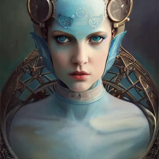 Image similar to by tom bagshaw, breathtaking almond blue eyes, ultra realist vivid soft painting of a carnival of curiosities, single curvy flirt etheral young steampunk female in a full ornated armor gears, cables, led, flying machinery, partial symmetry accurate features, very intricate details, focus, award winning, ultra dense fog