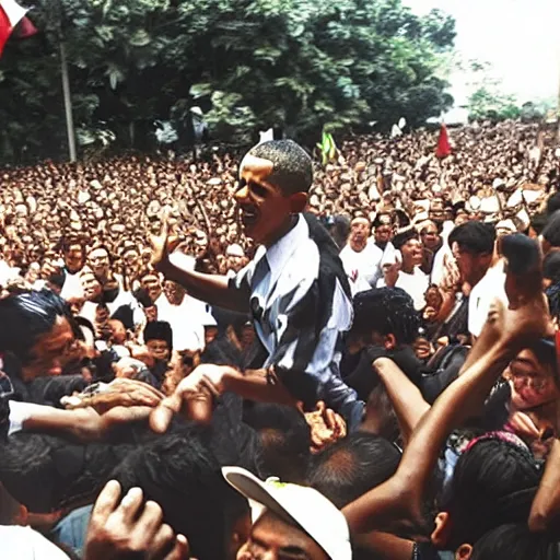 Prompt: barack obama in an indonesian mosh pit with saddam hussein