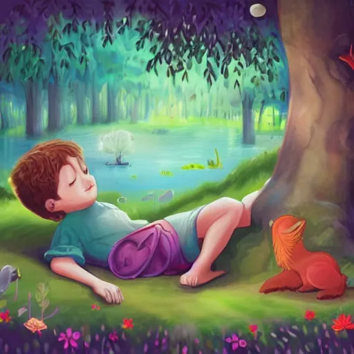 Image similar to a beautiful illustration of cute children dreaming about a beautiful forest, animals around them, high detailed faces, digital art