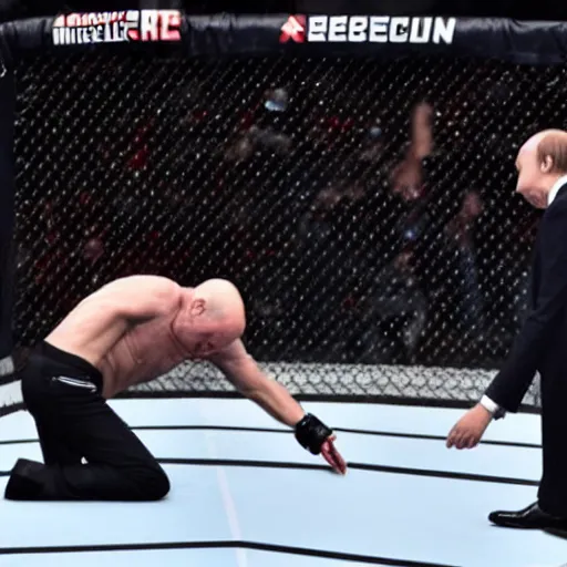 Image similar to macron and putin fighting in a ufc cage