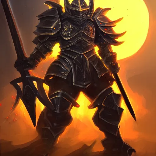 Image similar to A highly detailed matte acrylic painting of a heavily armored paladin wielding a very bright glowing gold sword, fighting in a huge battle at dusk, concept art, trending on artstation.