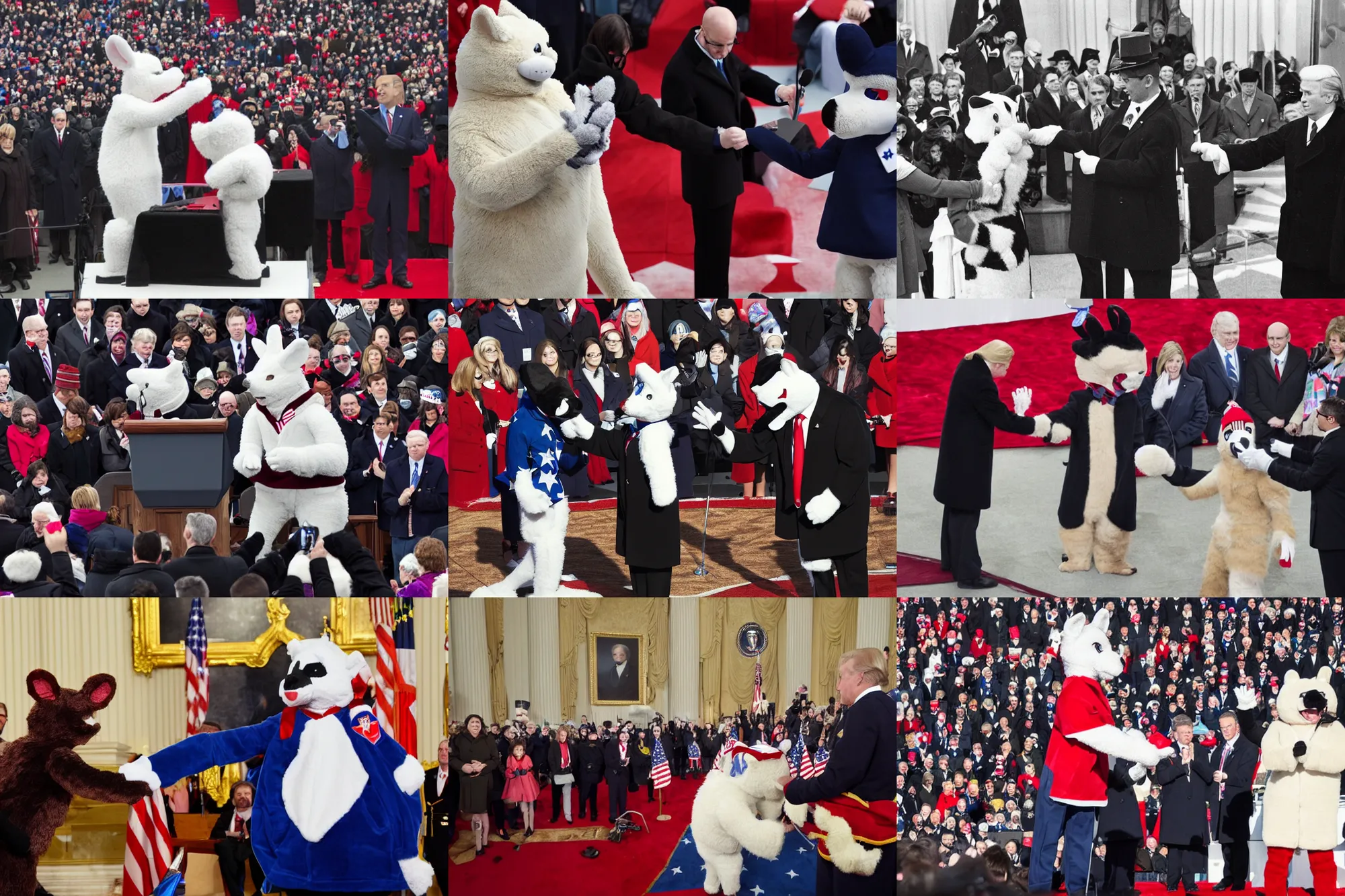 Prompt: photo of the usa presidential inauguration, a fursuiter being inaugurated as president