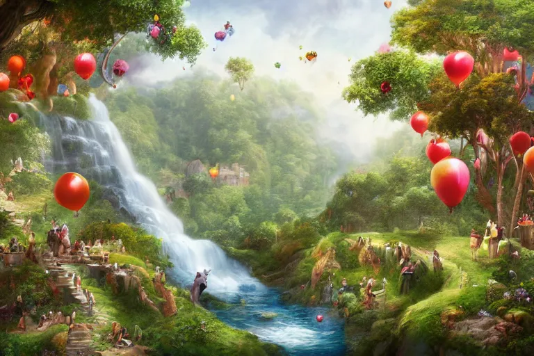 Image similar to illustration of the garden of Eden, river of wine, waterfall of milk, stream of honey, trees full of new fruits, beautiful home in the side, people flying using balloons, beautiful, digital art, matte painting, trending on artstation