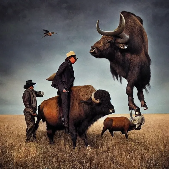 Image similar to incredible modern evocative artwork of buffalo hunters, buffalo midnight in the style of tim walker fashion photography, buffalos hunting hunters