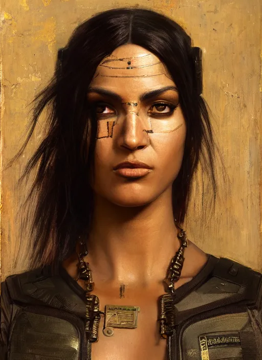 Image similar to buff Sophia. beautiful cyberpunk soldier wearing a military vest and military jumpsuit (cyberpunk 2077). gorgeous african face. Iranian orientalist portrait by john william waterhouse and Edwin Longsden Long and Theodore Ralli and Nasreddine Dinet, oil on canvas. Cinematic, hyper realism, realistic proportions, dramatic lighting, high detail 4k