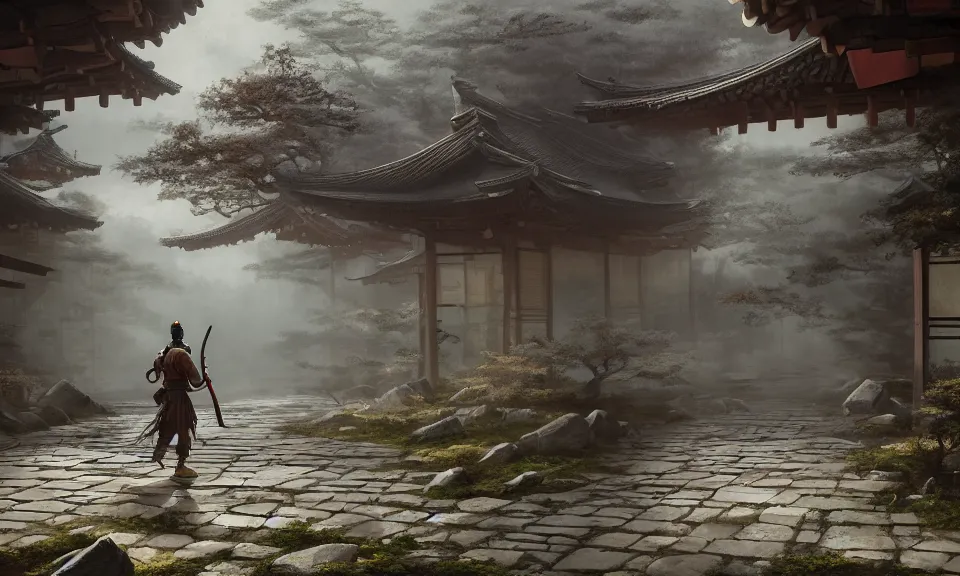 Image similar to Futuristic matte painting of a samurai warrior walking through an abandoned japanese village, volumetric light scattering, highly detailed, digital art, Andreas Rocha, Greg Rutkowski, Darek Zabrocki, ArtStation, CGSociety, Unreal Engine, 4K, 8K