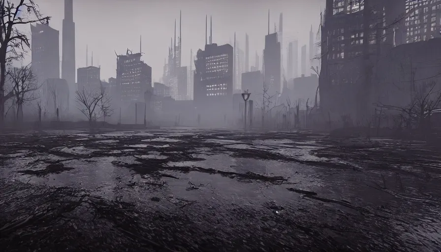 Prompt: dark, misty, foggy, muddy, bog, marsh, flooded chicago city street swamp in destiny 2, skyscrapers and buildings and cars, liminal creepy, dark, dystopian, abandoned, highly detailed 4 k in - game destiny 2 screenshot gameplay showcase