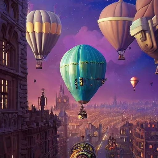 Prompt: a stunning fantasy scene of a steampunk hot - air balloon flying over an art deco city with a clock - tower | highly detailed | very intricate | disney pixar | steampunk | dramatic romantic epic breathtaking whimsical magical | bokeh moon stars | professional cinematic lighting | artdeco | painted by beeple and rhads and donato giancola | bold color palette | featured on artstation