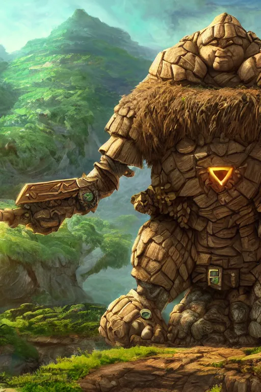 Image similar to zelda fantasy art giant golem troll wood rock greeble gemstone, global illumination ray tracing hdr fanart arstation by sung choi and eric pfeiffer and gabriel garza and casper konefal