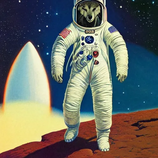 Image similar to A portrait of a wolf in an astronaut suit, by Bruce Pennington and Vincent DiFate, wolf astronaut