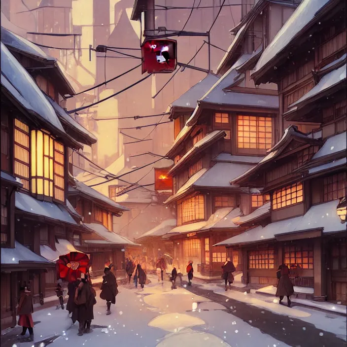 Image similar to japanese city, winter, in the style of studio ghibli, j. c. leyendecker, greg rutkowski, artem