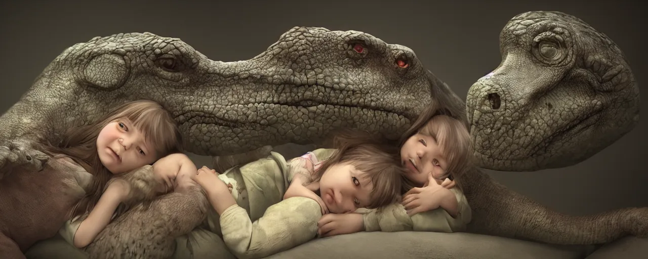 Image similar to portrait of a little girl cuddling with her beloved tyrannosaurus, very high detail, raytracing, back light, digital art, raymarching, by zdenek burian h 7 6 8