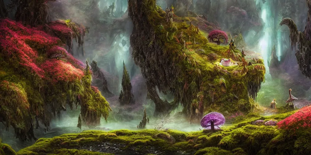 Image similar to fairyland scenery landscape, lord of the rings, aurora borealis, mist, monoliths, flowers, mushroom structures, moss highly detailed, vivid color, perfect lighting, perfect composition, 8 k, brian froud, artgerm, derek zabrocki, greg rutkowski