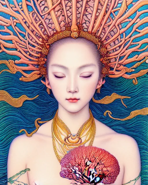 Prompt: portrait of a beautiful ocean corals goddess, sweet, graceful, esoteric, muted colors, head in focus, fantasy art, ornamental aesthetics, intricate, elegant, highly detailed, hyperrealistic painting, artstation, concept art, painterly, sharp focus, illustration, art by chie yoshii