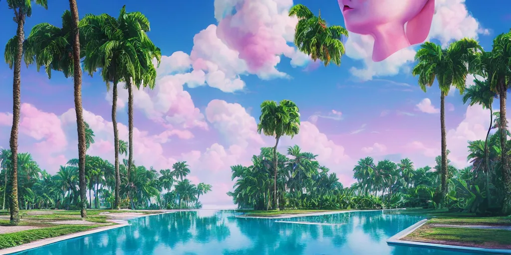 Image similar to Beeple masterpiece, hyperrealistic surrealism, award winning masterpiece with incredible details, epic stunning, infinity pool, a surreal vaporwave liminal space, highly detailed, trending on ArtStation, calming, meditative, pink arches, palm trees, very vaporwave, very very surreal, sharp details, dreamscape, giant head statue ruins