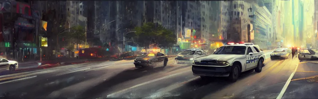 Image similar to a police car speeding down a new york road with sirens on. epic cinematic hyperrealism masterpiece. realistic poster with shaded lighting by craig mallismo, artgerm, jeremy lipkin and michael garmash, unreal engine, radiant light, detailed and complex environment, digital art, art station trends, detailed faces, detailed eyes, lens flare, motion blur, night