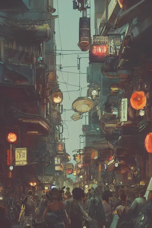 Prompt: crowdy tokyo street, mucha vibe, dieselpunk, solarpunk, artstation, andrei riabovitchev