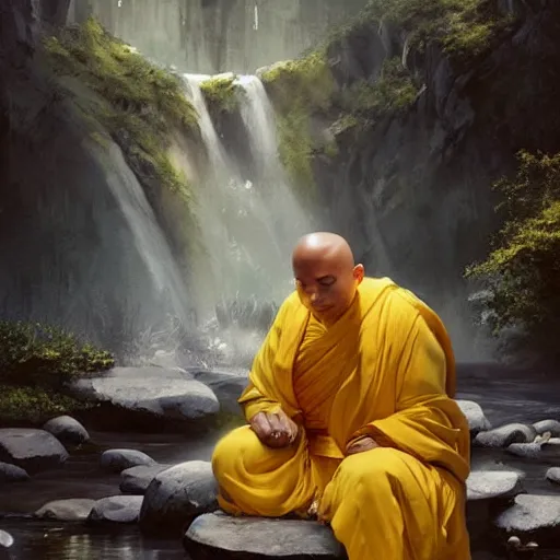 Prompt: a wise monk meditates under a waterfallto pieces with glowing yelow visor as a realistic, torso, art by james jean and greg rutkowski!!, realistic face, like fantasy, digital art, art, trending on artstation, 8 k