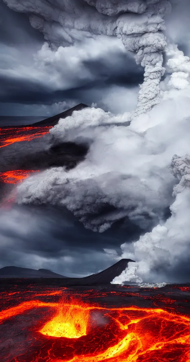 Prompt: huge storm on an erupting volcano, cyclone, rain, wind, lava, hyper realistic picture, hd