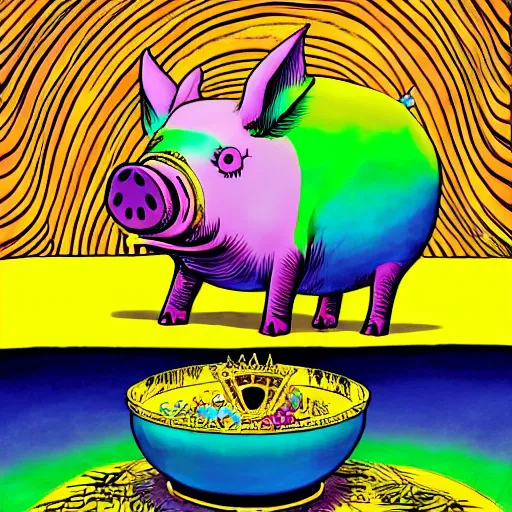 Image similar to trippy comic art of a pig wearing a gold crown eating out of an empty bowl, drawn by Martin Rowson, Tim Burton, Studio Ghibli, Alex Pardee, Nekro Petros Afshar, James McDermott, colors by lisa frank, unstirred paint, vivid color, cgsociety 4K