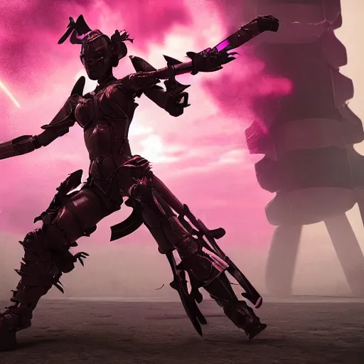 Image similar to warrior woman fights, pink robot enemies, octane render, cgsociety, detailed